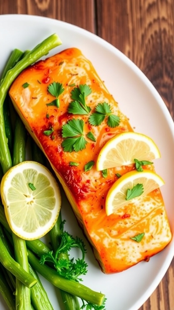 Air Fryer Garlic Butter Salmon Recipe Air fryer garlic butter salmon fillet garnished with parsley and lemon on a white plate.